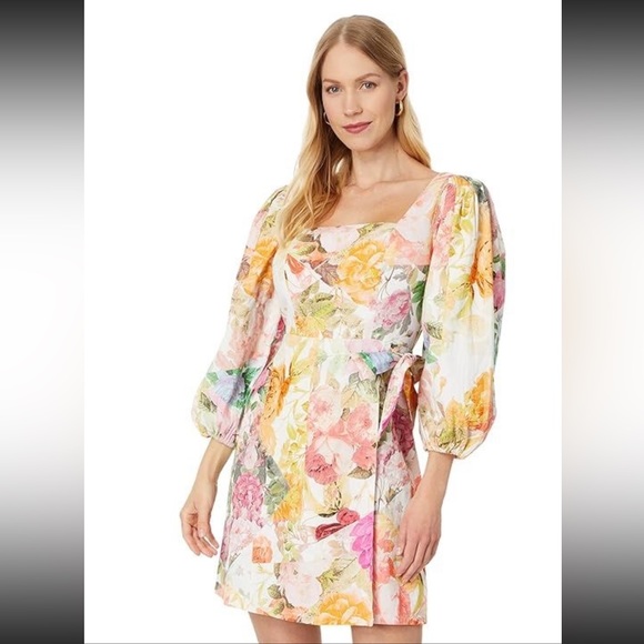 EUC Vince Camuto Linen Aline Dress Floral Print Dress in Ivory and Pastels, Sz 6 - Picture 6 of 16